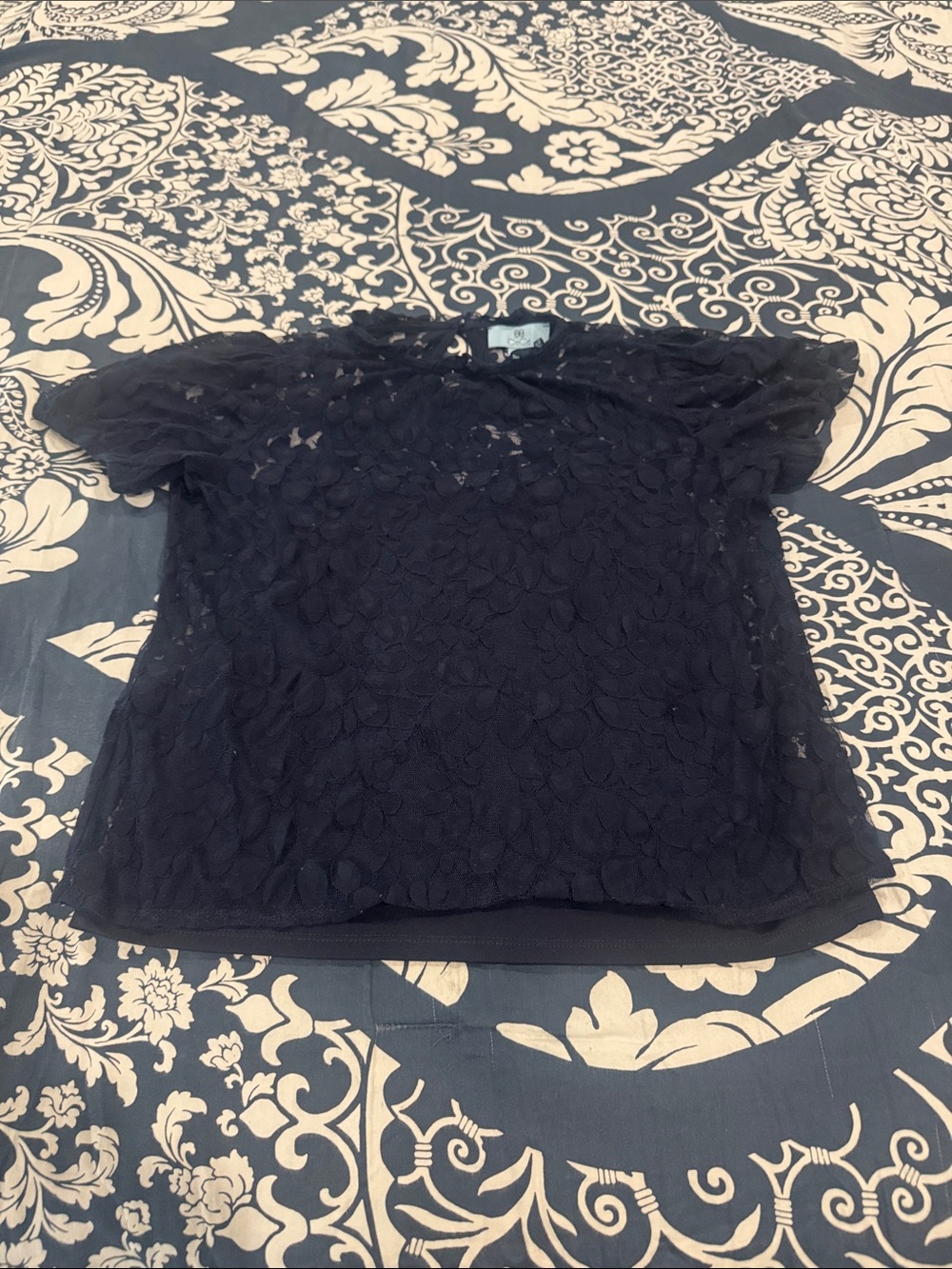 CeCe Navy Blue Floral Lace Short Sleeve Top